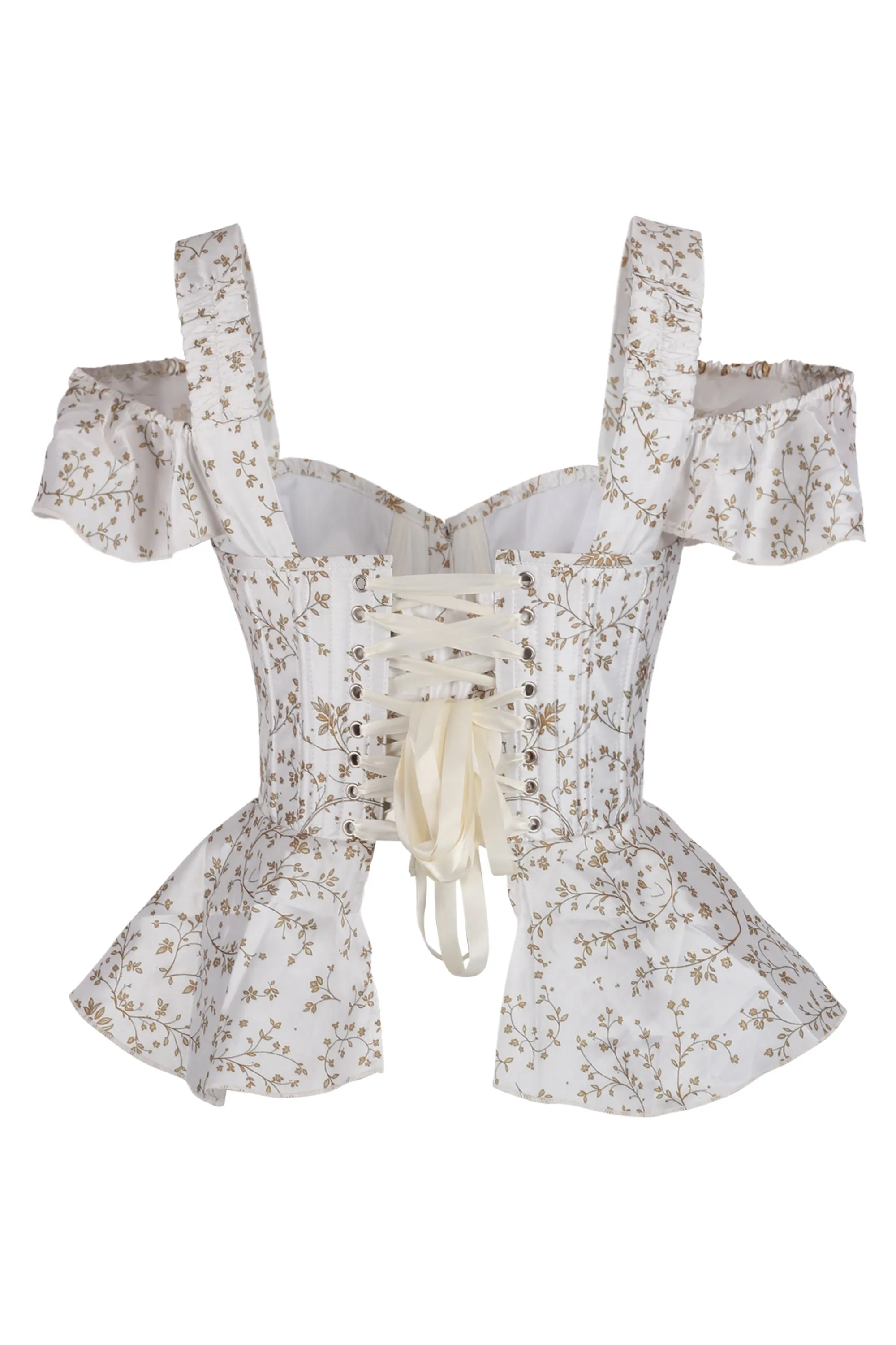 White Floral Peplum Corset with Ruffle Shoulder Straps sold by Corset Story product image thumbnail 2