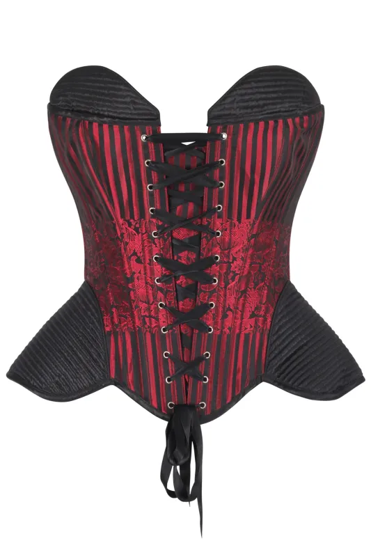 Red and Black Striped Brocade Corset with Quilted Hips sold by Corset Story