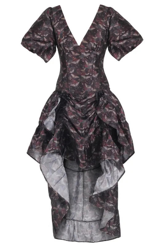 Dark Romantic Corset Gown with Puff Sleeves and Draped High-Low Skirt sold by Corset Story