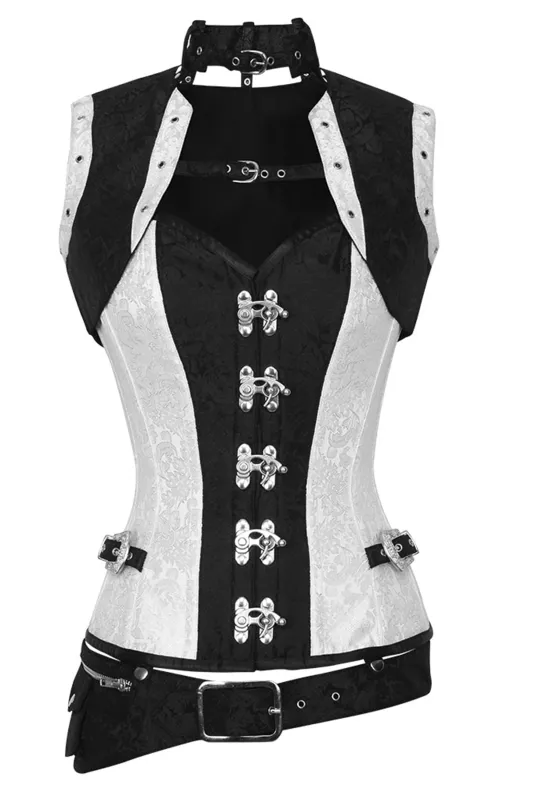 Monochrome Steampunk Steel Boned Corset with Sleeveless Bolero Jacket sold by Corset Story