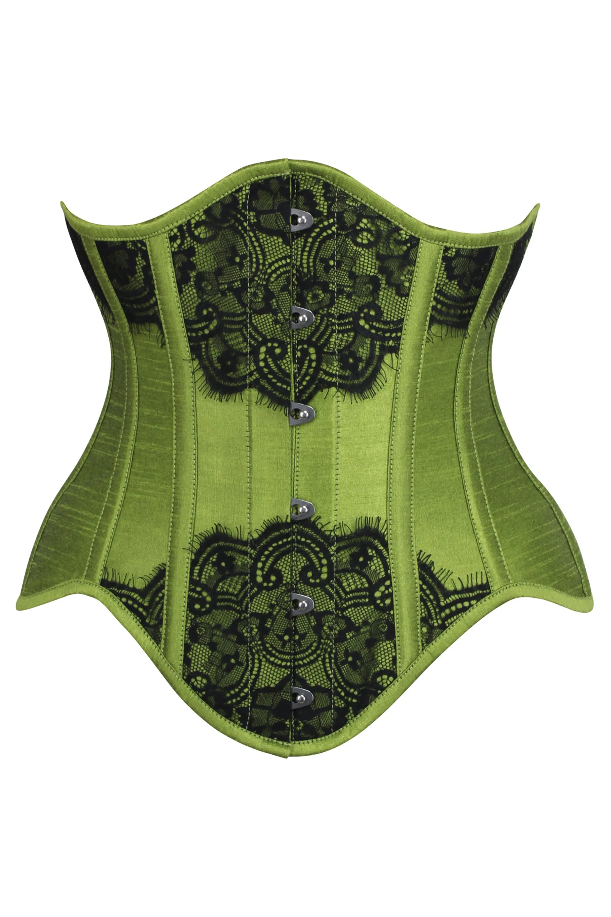 Olive Green Longline Overbust Corset with Black Lace Overlay sold by Corset Story