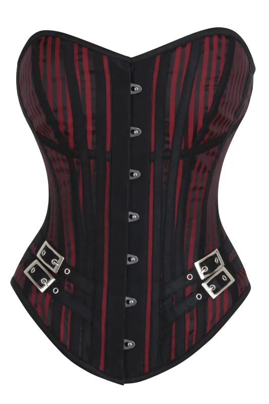 Black & Red Steampunk Pirate Longline Overbust Corset with Buckle Detail sold by Corset Story