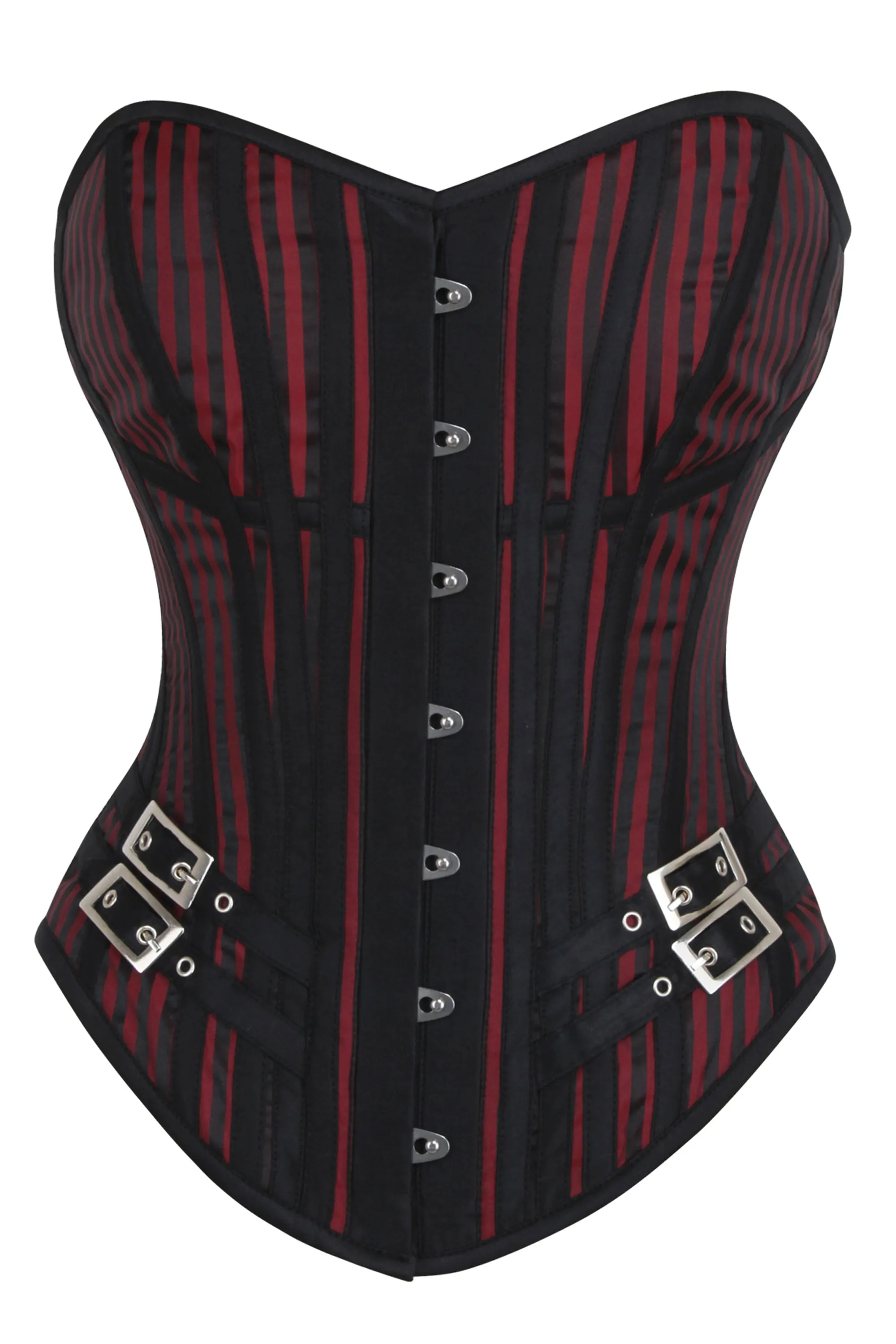 Black & Red Steampunk Pirate Longline Overbust Corset with Buckle Detail sold by Corset Story