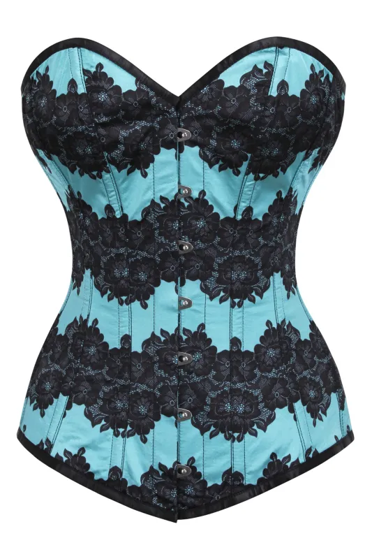Aqua Blue Longline Overbust Corset with Black Floral Lace Overlay sold by Corset Story