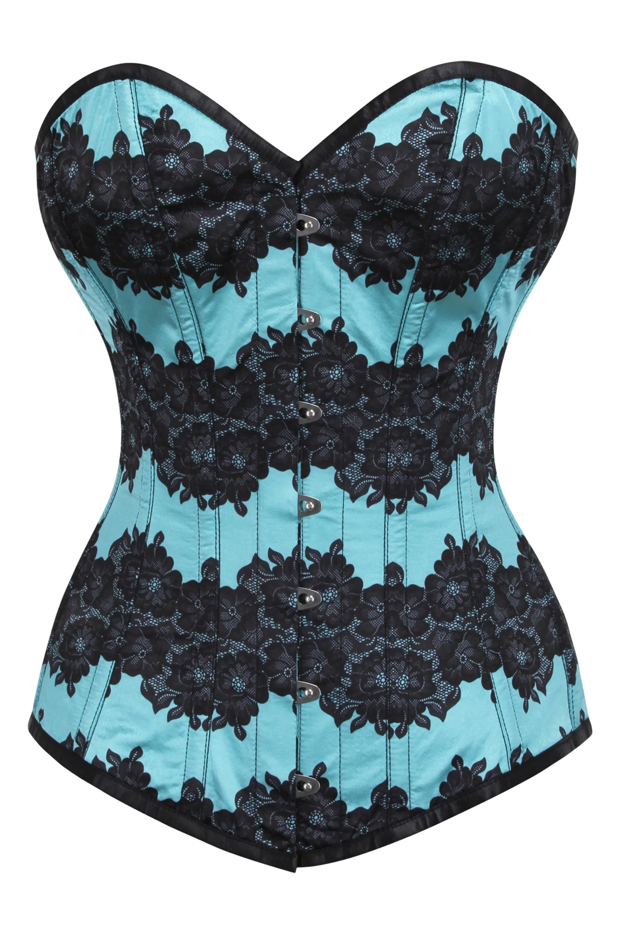 Aqua Blue Longline Overbust Corset with Black Floral Lace Overlay sold by Corset Story