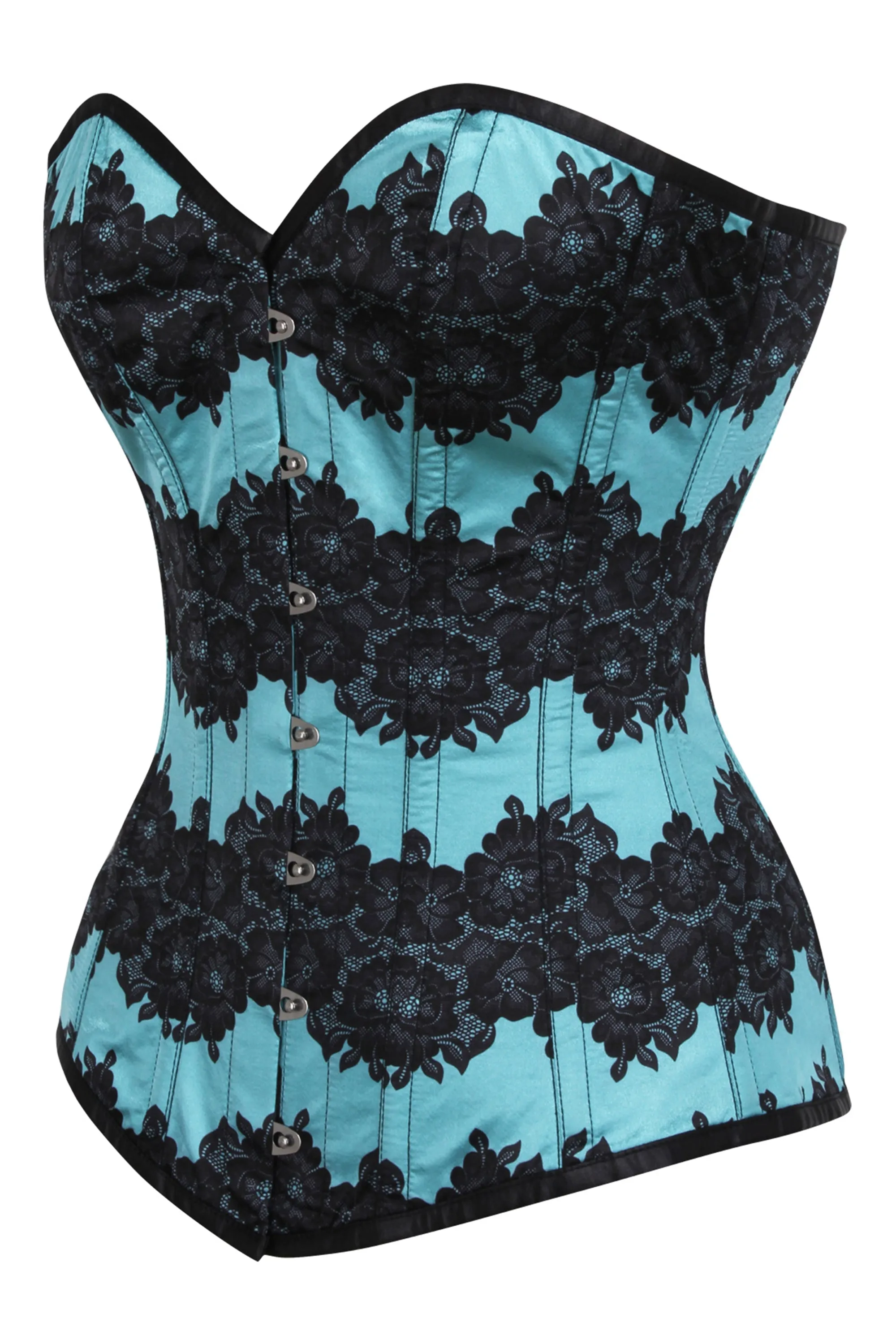 Aqua Blue Longline Overbust Corset with Black Floral Lace Overlay sold by Corset Story product image thumbnail 3