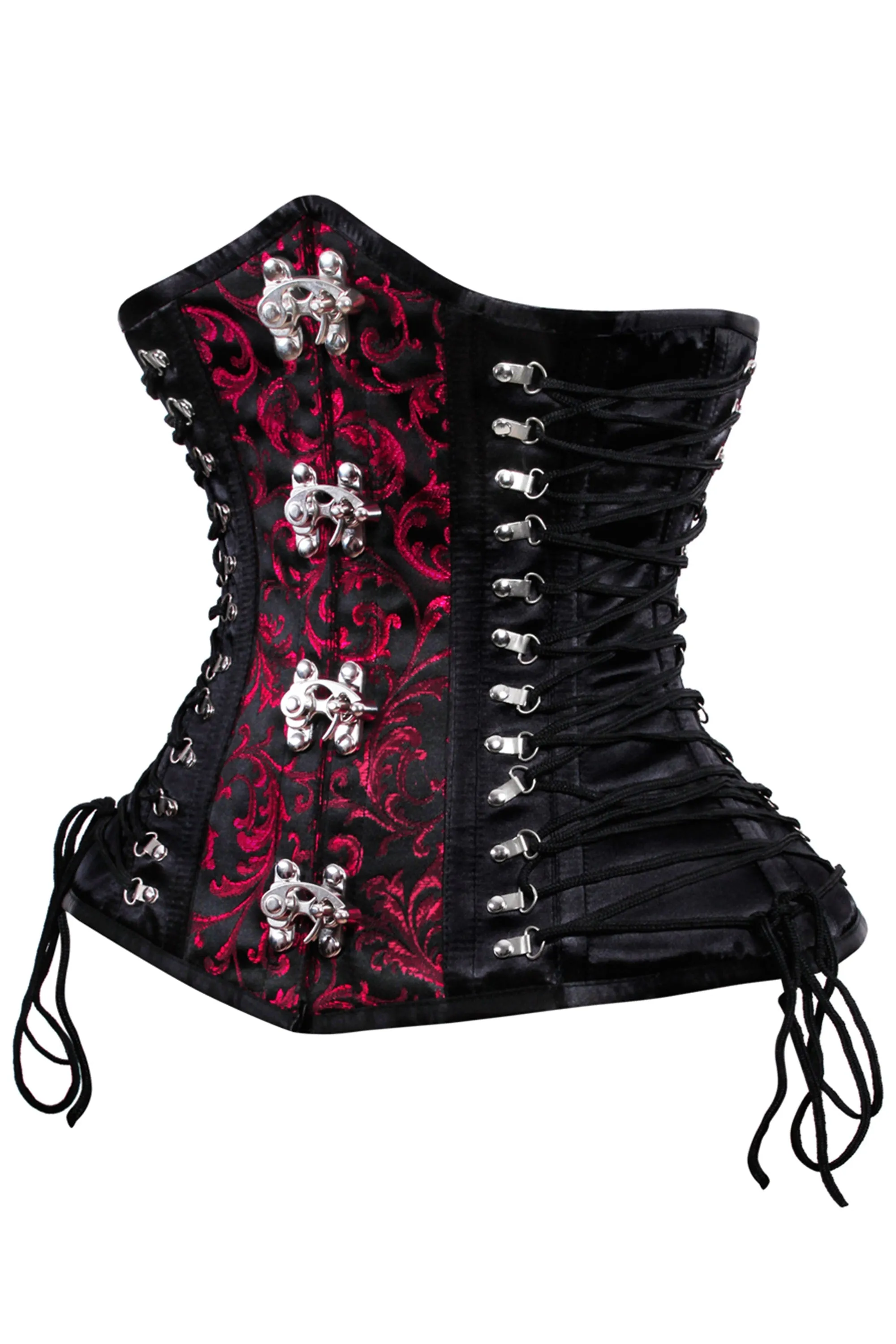 Gothic Red and Black Brocade Steampunk Corset with Buckle Clasps sold by Corset Story product image thumbnail 3
