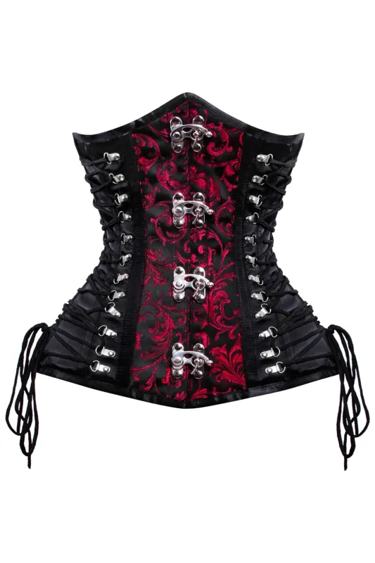 Gothic Red and Black Brocade Steampunk Corset with Buckle Clasps sold by Corset Story