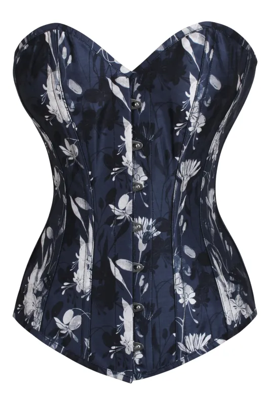 Longline Navy and White Floral Overbust Corset sold by Corset Story