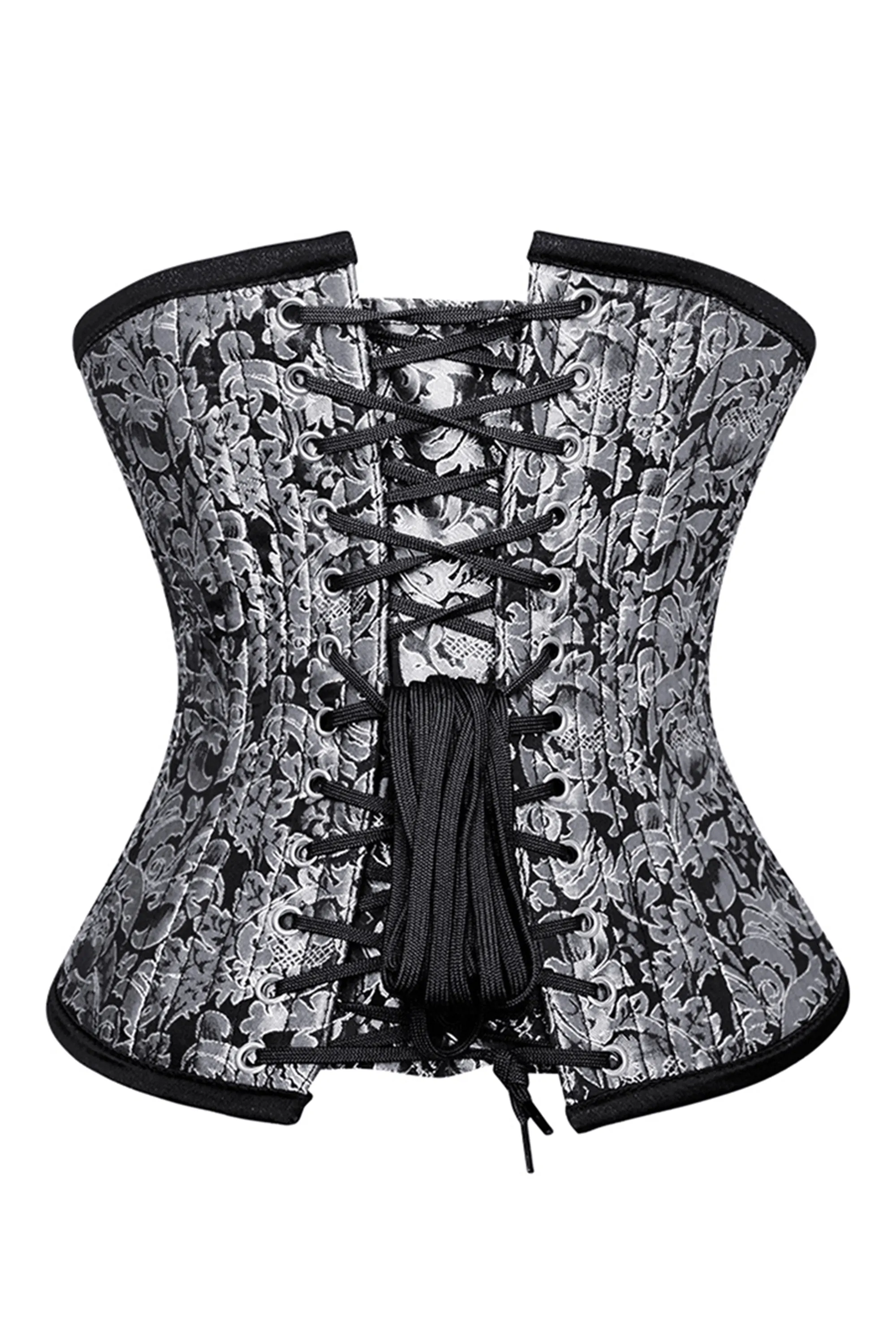 Silver and Black Brocade Underbust Corset with Front Busk Closure sold by Corset Story product image thumbnail 2