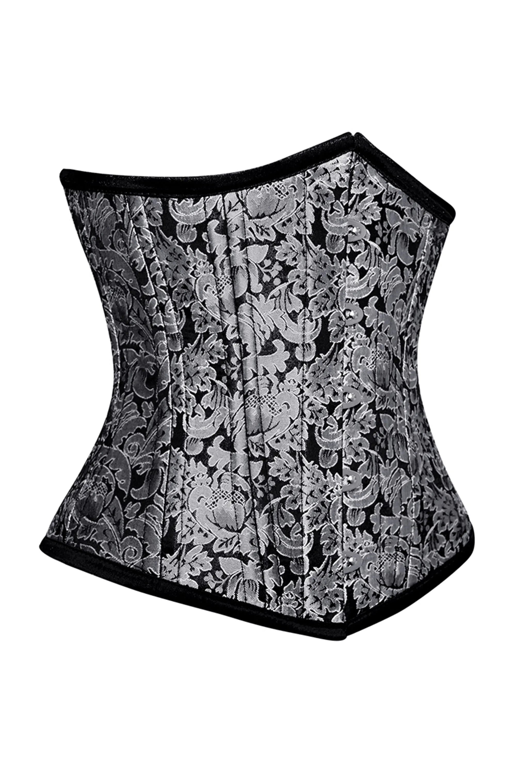 Silver and Black Brocade Underbust Corset with Front Busk Closure sold by Corset Story product image thumbnail 3