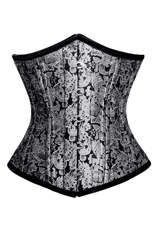 Silver and Black Brocade Underbust Corset with Front Busk Closure sold by Corset Story