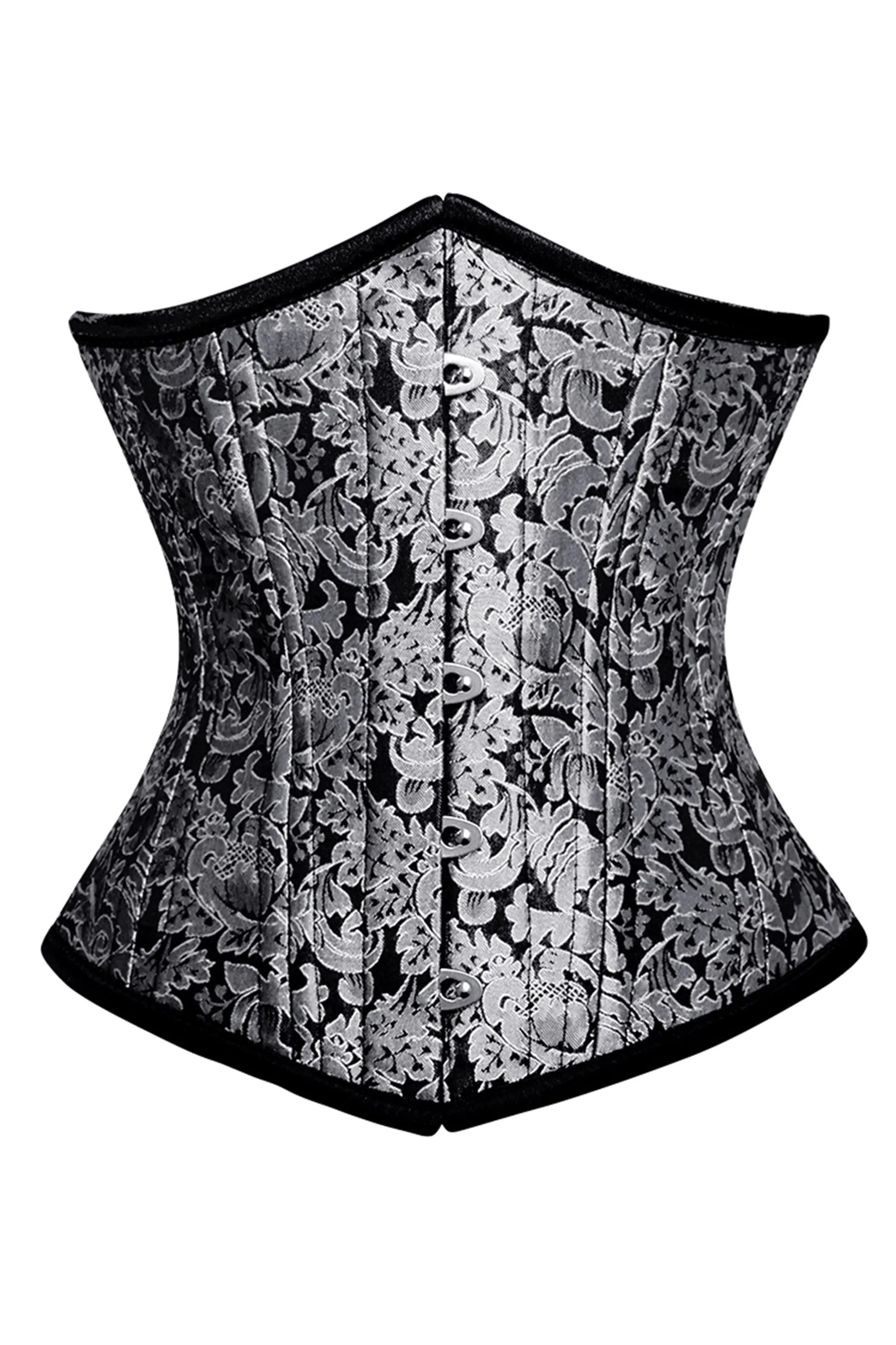 Silver and Black Brocade Underbust Corset with Front Busk Closure sold by Corset Story