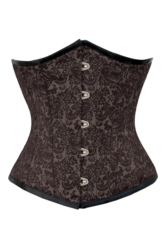 Chocolate Brown Brocade Underbust Corset with Front Busk Closure sold by Corset Story