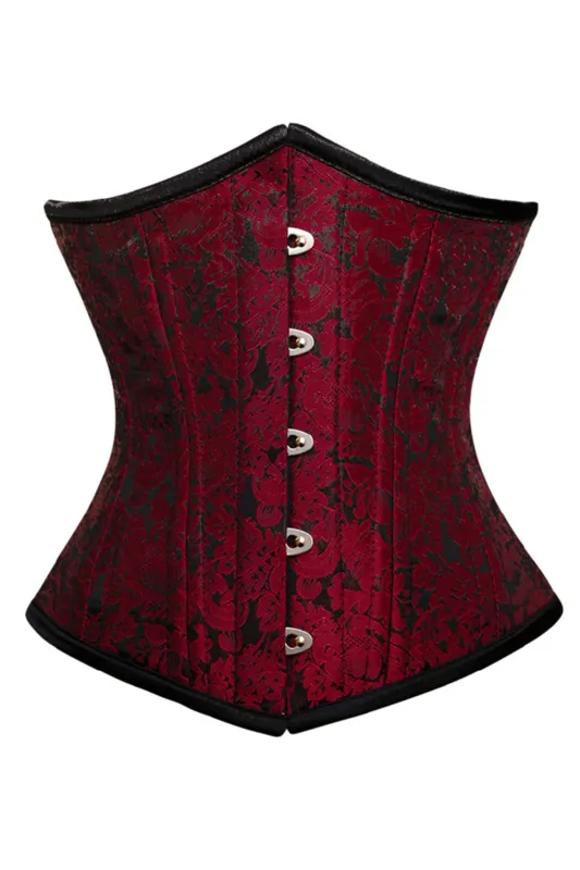 Burgundy and Black Brocade Underbust Corset with Front Busk Closure sold by Corset Story