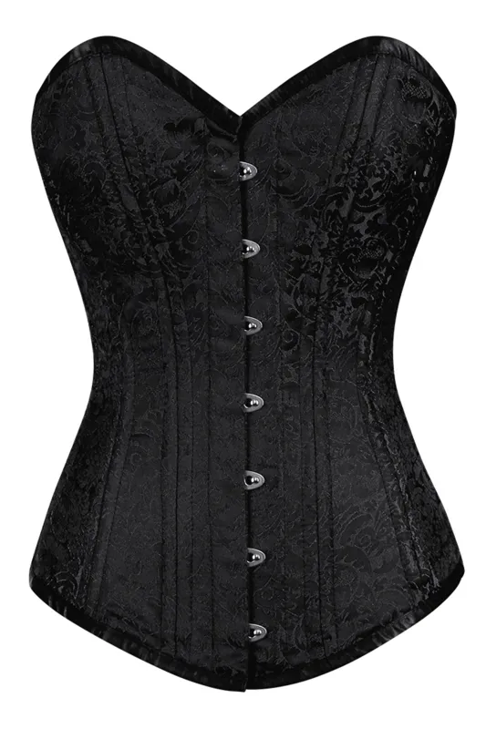 Satin Black Brocade Overbust Corset with Front Busk Closure sold by Corset Story