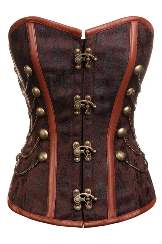 Brown Steampunk Overbust Corset with Chains and Antique Buttons sold by Corset Story
