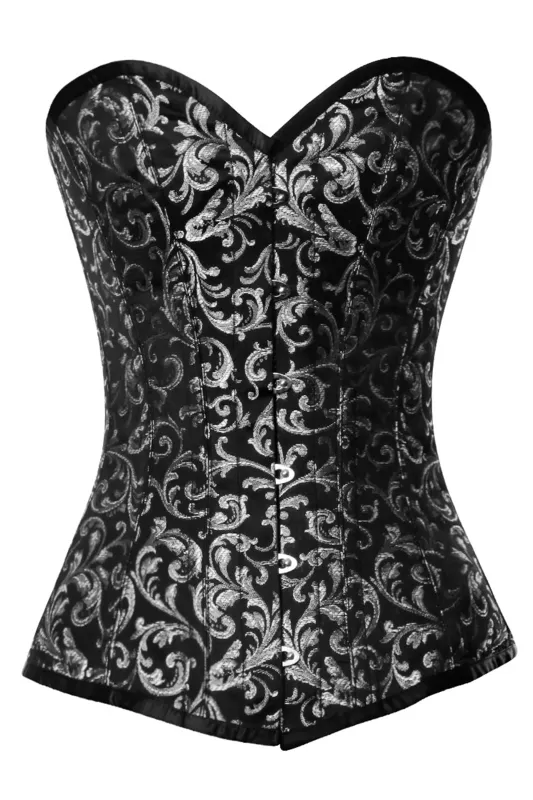 Black and Silver Brocade Overbust Corset with Sweetheart Neckline sold by Corset Story
