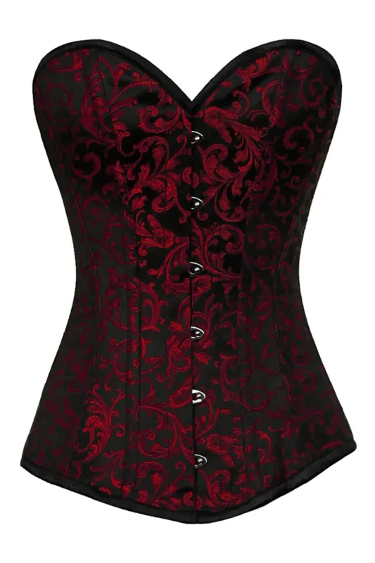 Black and Red Brocade Overbust Corset with Sweetheart Neckline sold by Corset Story