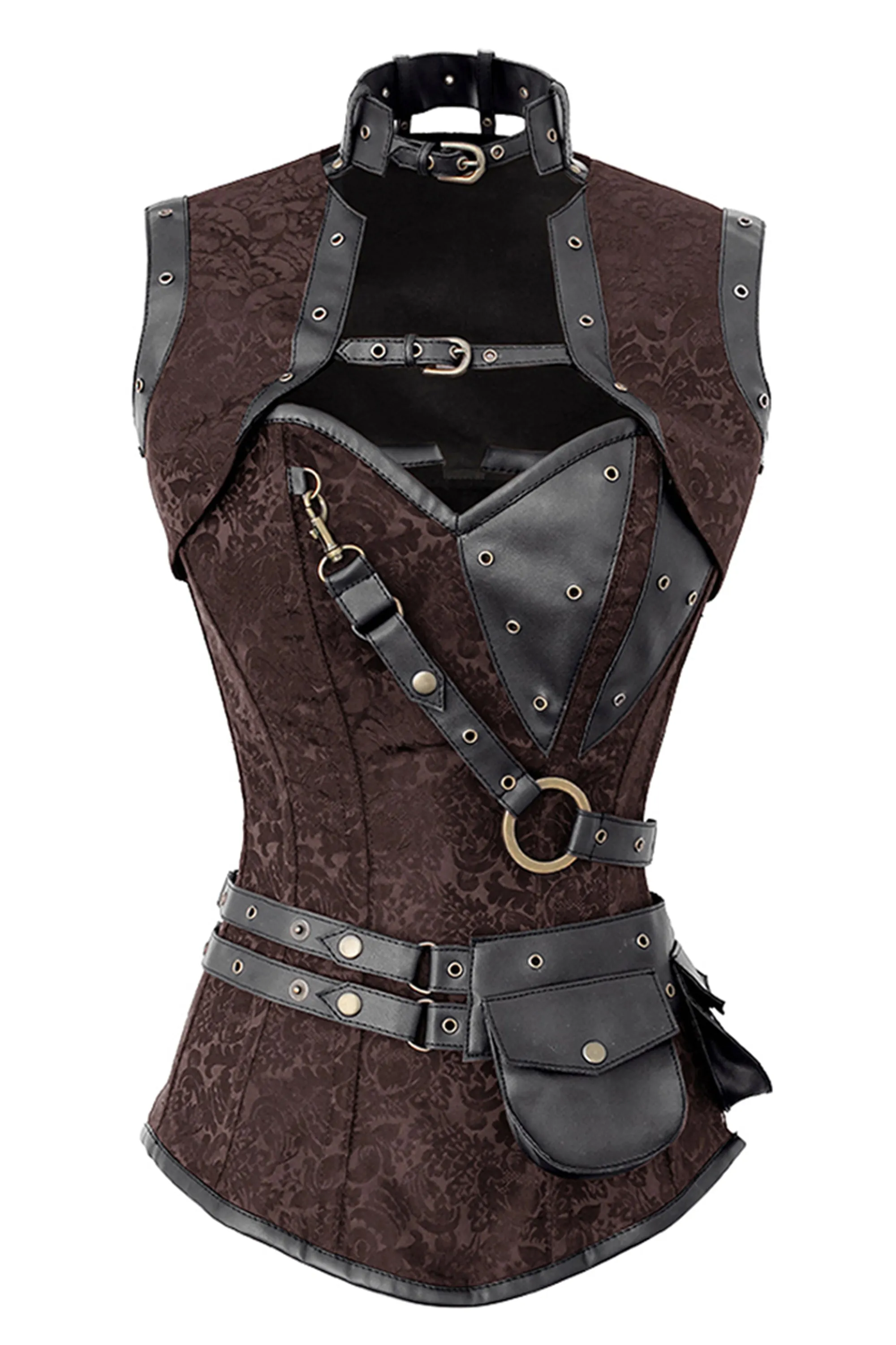 Brown Steampunk Overbust Corset with Black Faux Leather Harness and Utility Pouch sold by Corset Story