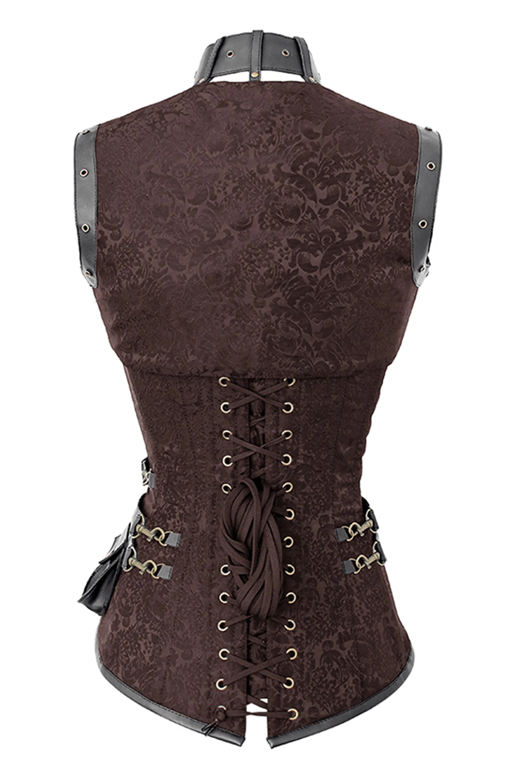 Brown Steampunk Overbust Corset with Black Faux Leather Harness and Utility Pouch sold by Corset Story product image thumbnail 2