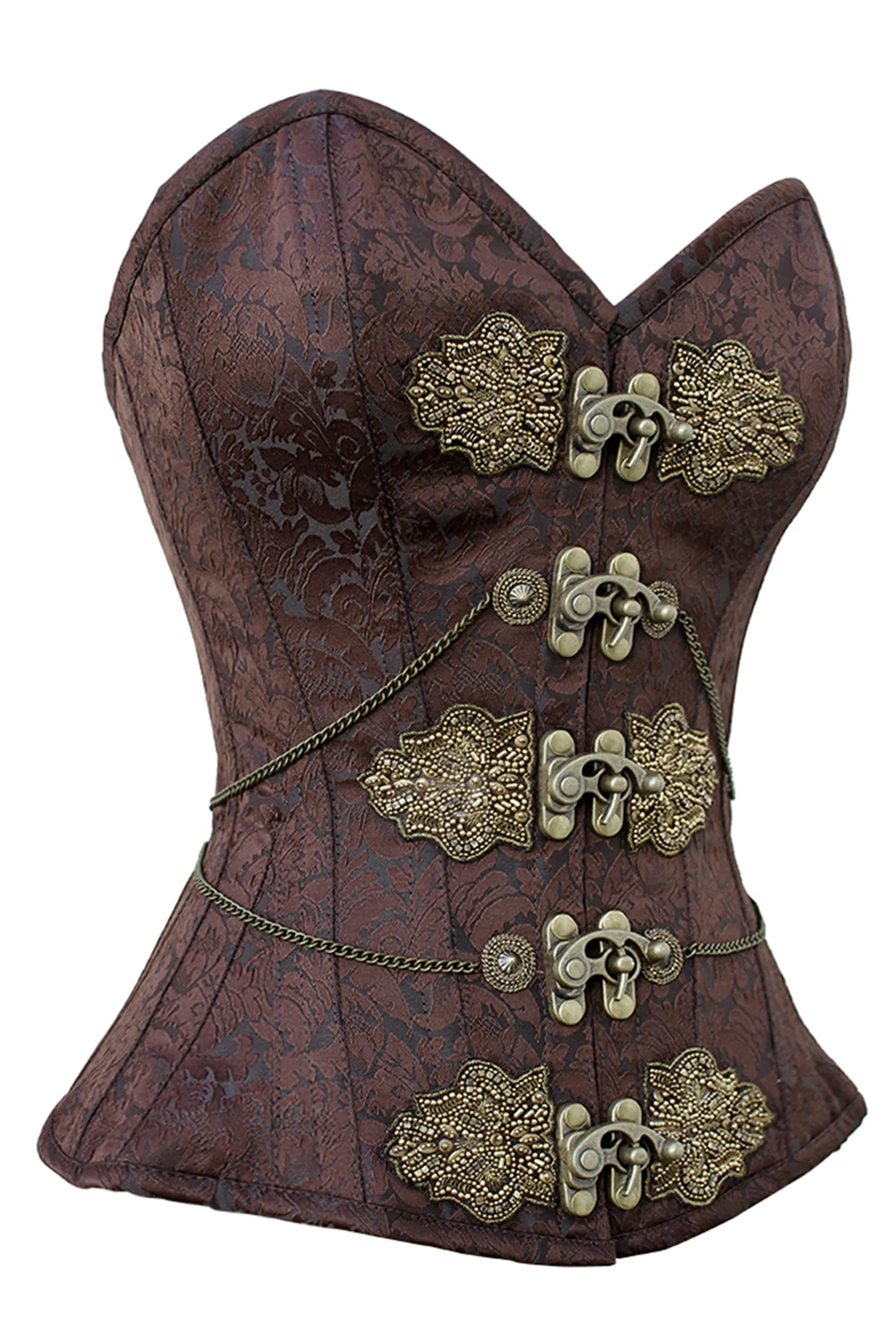 Ornate Brown Brocade Overbust Corset with Antique Brass Appliqués and Swing Hooks sold by Corset Story product image thumbnail 3