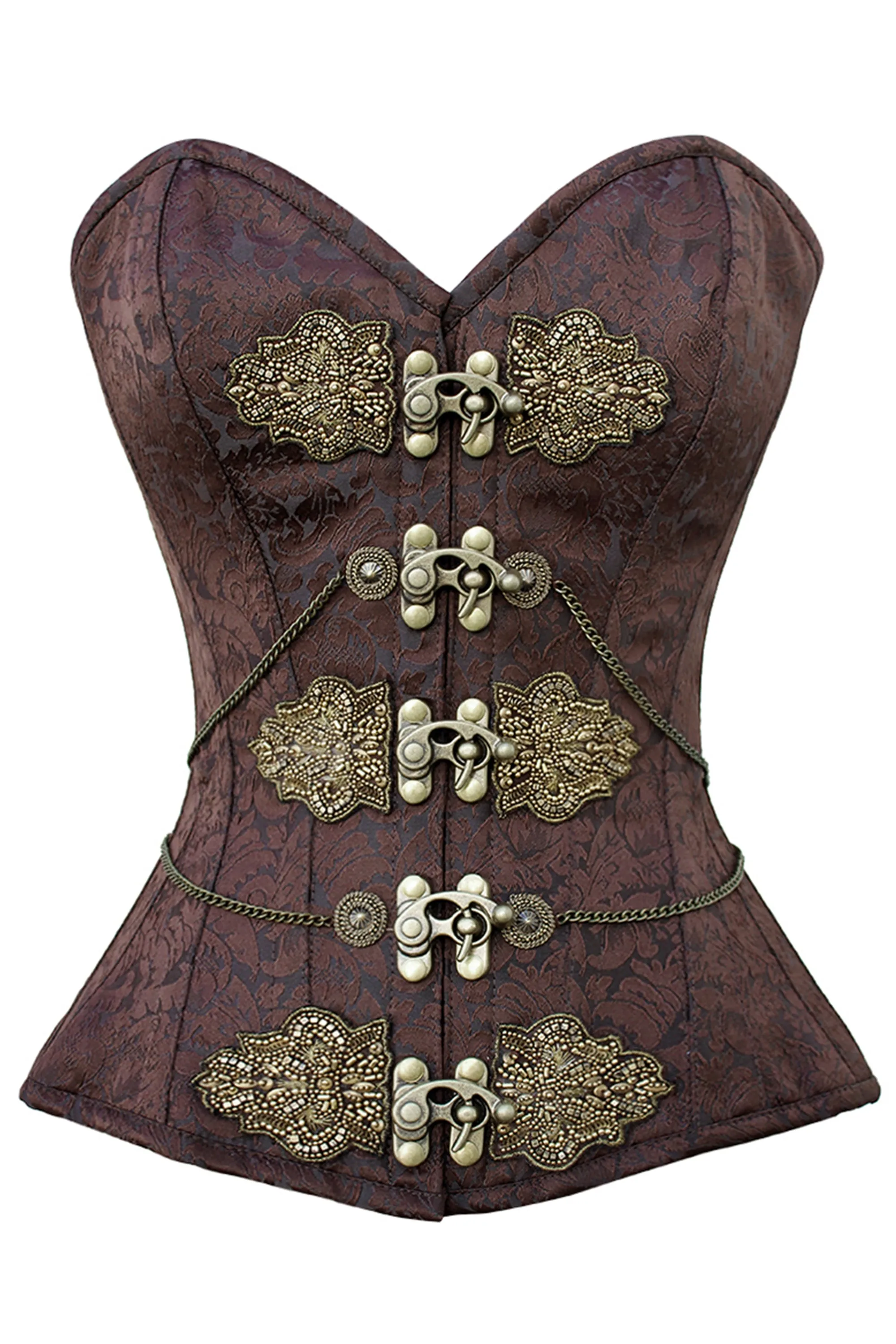 Ornate Brown Brocade Overbust Corset with Antique Brass Appliqués and Swing Hooks sold by Corset Story