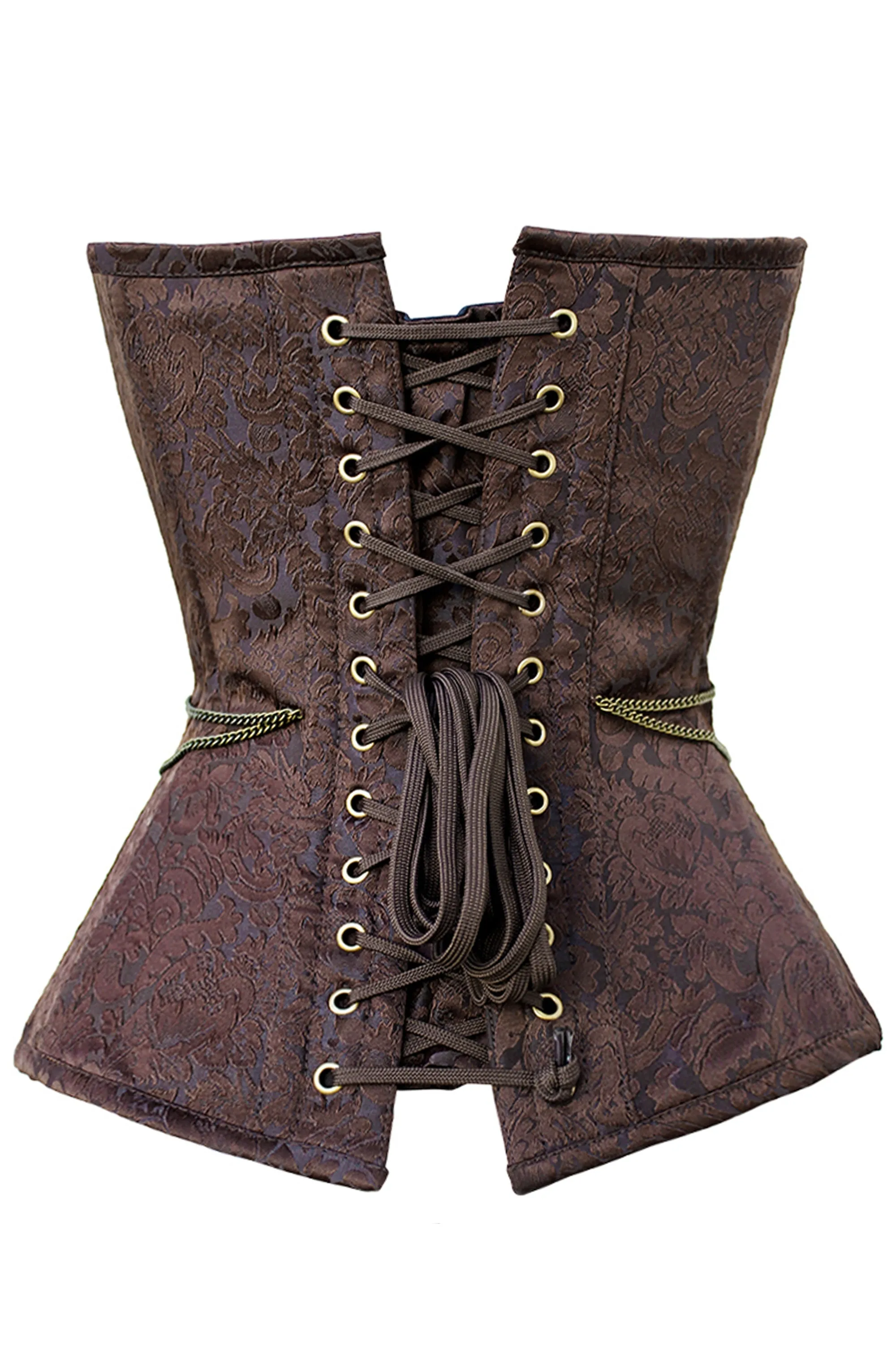 Ornate Brown Brocade Overbust Corset with Antique Brass Appliqués and Swing Hooks sold by Corset Story product image thumbnail 2