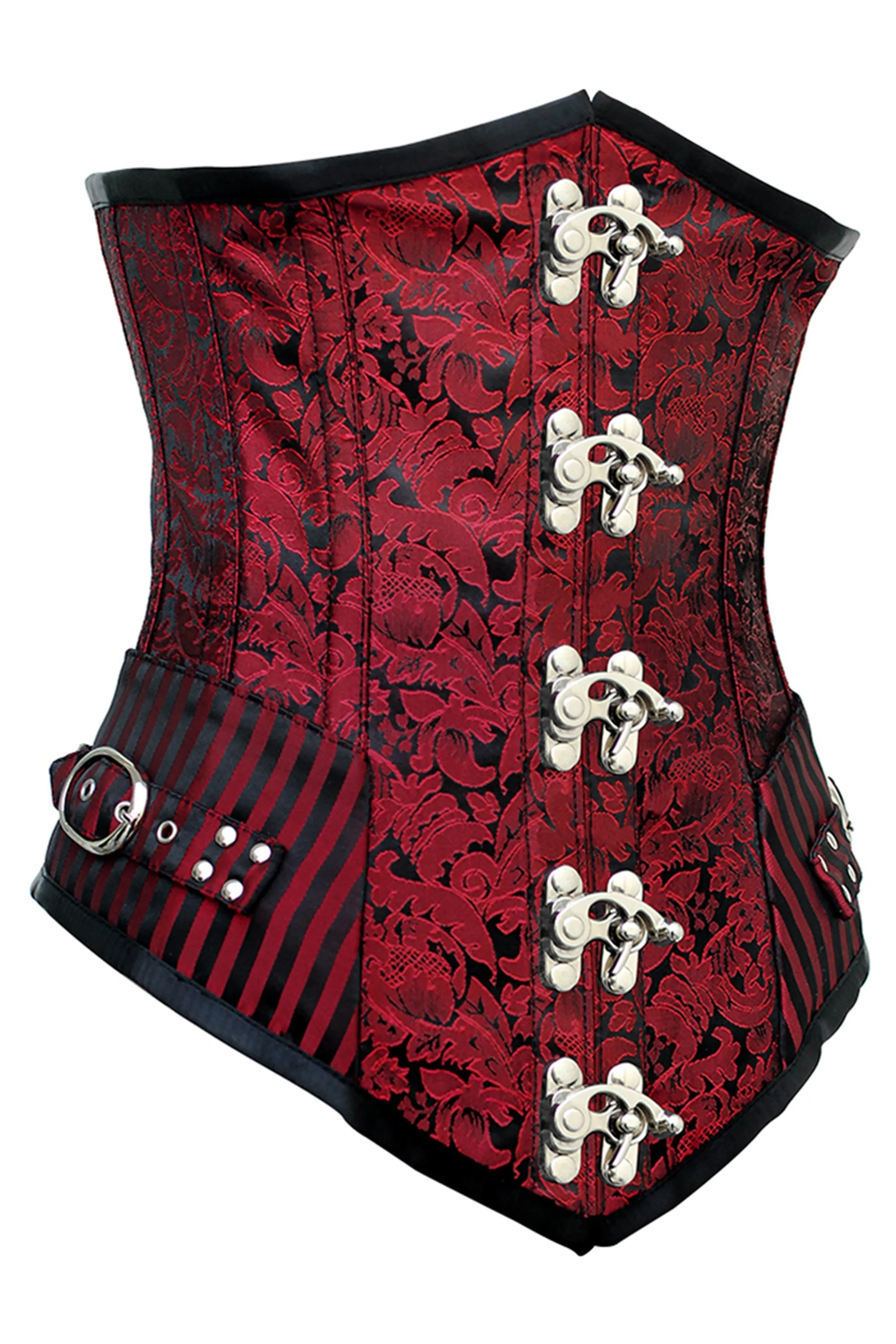 Red and Black Brocade Underbust Corset with Swing Hook Closure and Striped Panels sold by Corset Story product image thumbnail 3