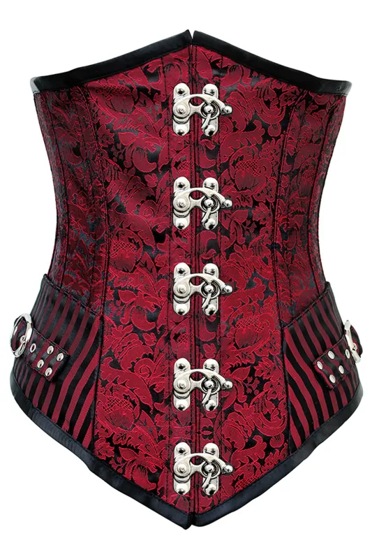 Red and Black Brocade Underbust Corset with Swing Hook Closure and Striped Panels sold by Corset Story