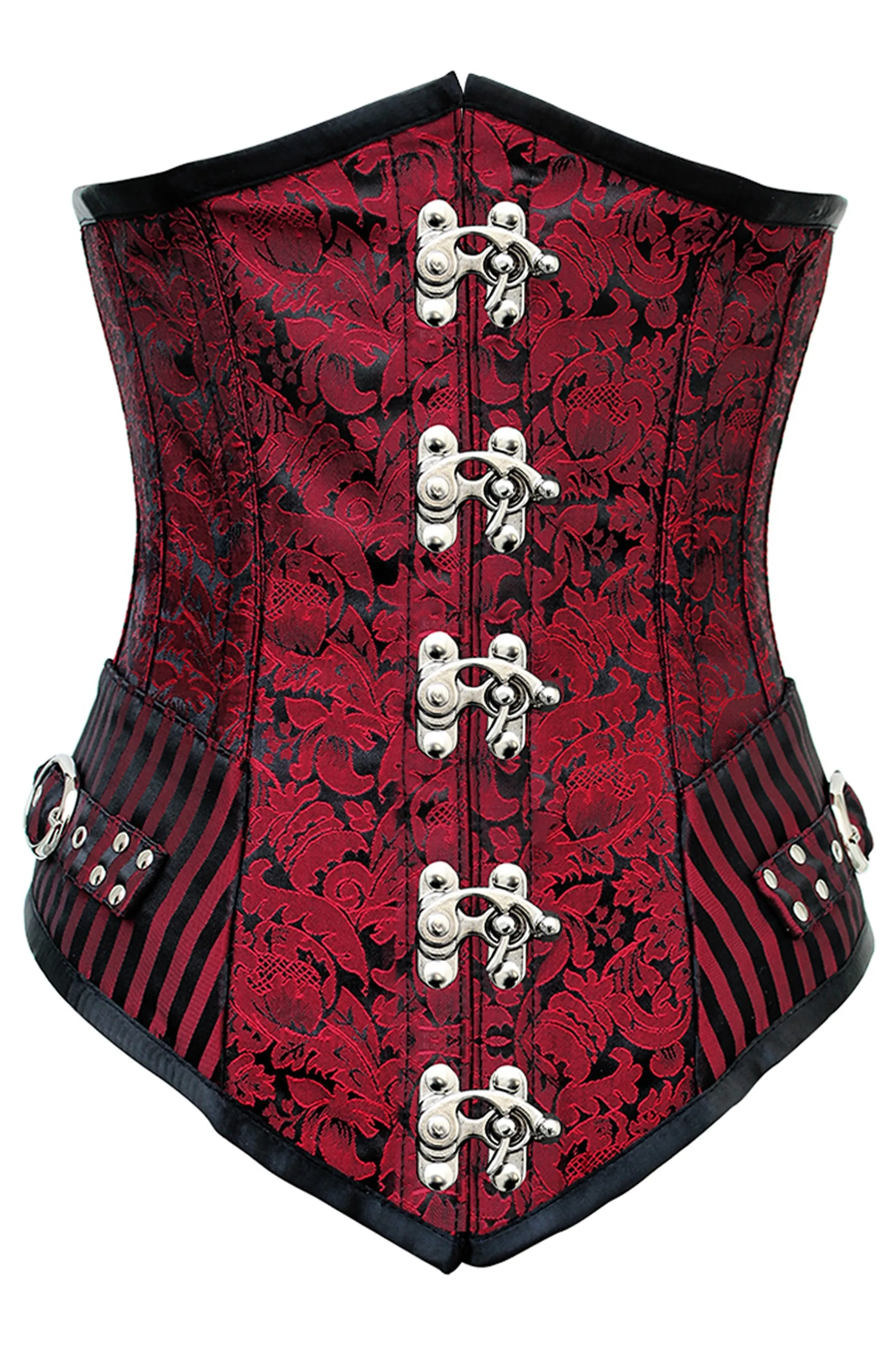 Red and Black Brocade Underbust Corset with Swing Hook Closure and Striped Panels sold by Corset Story