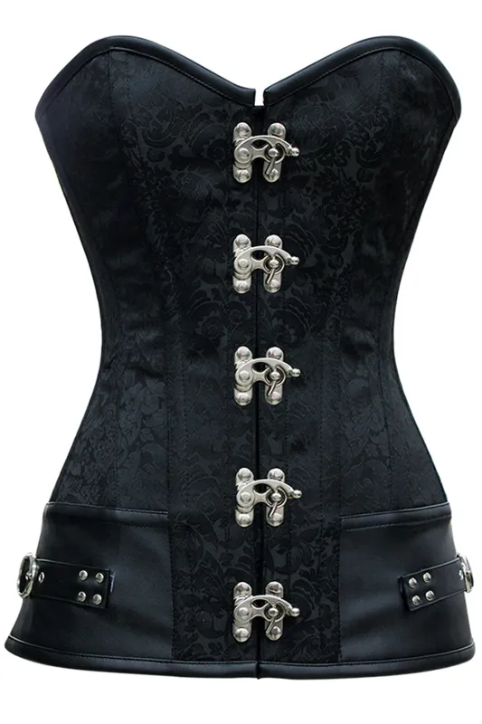 Gothic Black Brocade Longline Overbust Corset with Swing Hook Closure and Faux Leather Trim sold by Corset Story