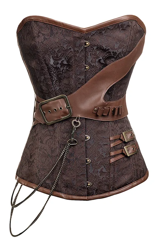 Steampunk-Inspired Brown Brocade Longline Overbust Corset with Faux Leather Accents sold by Corset Story