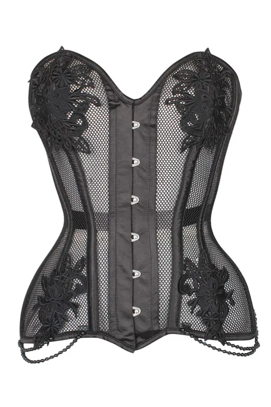 Black Mesh and Lace Appliqué Waist Taming Overbust Corset sold by Corset Story