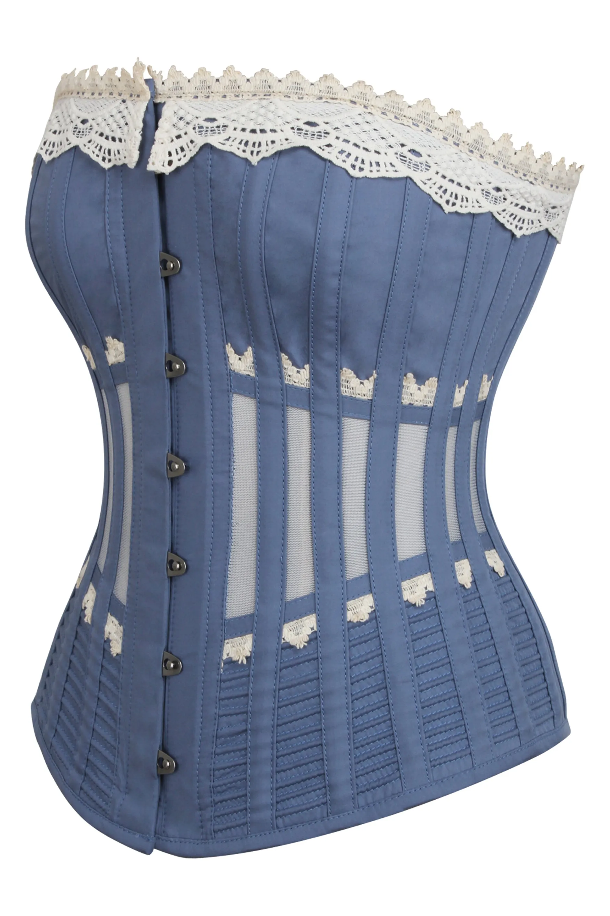 Historically Inspired Blue Longline Corset with Lace and Ribbing sold by Corset Story product image thumbnail 3