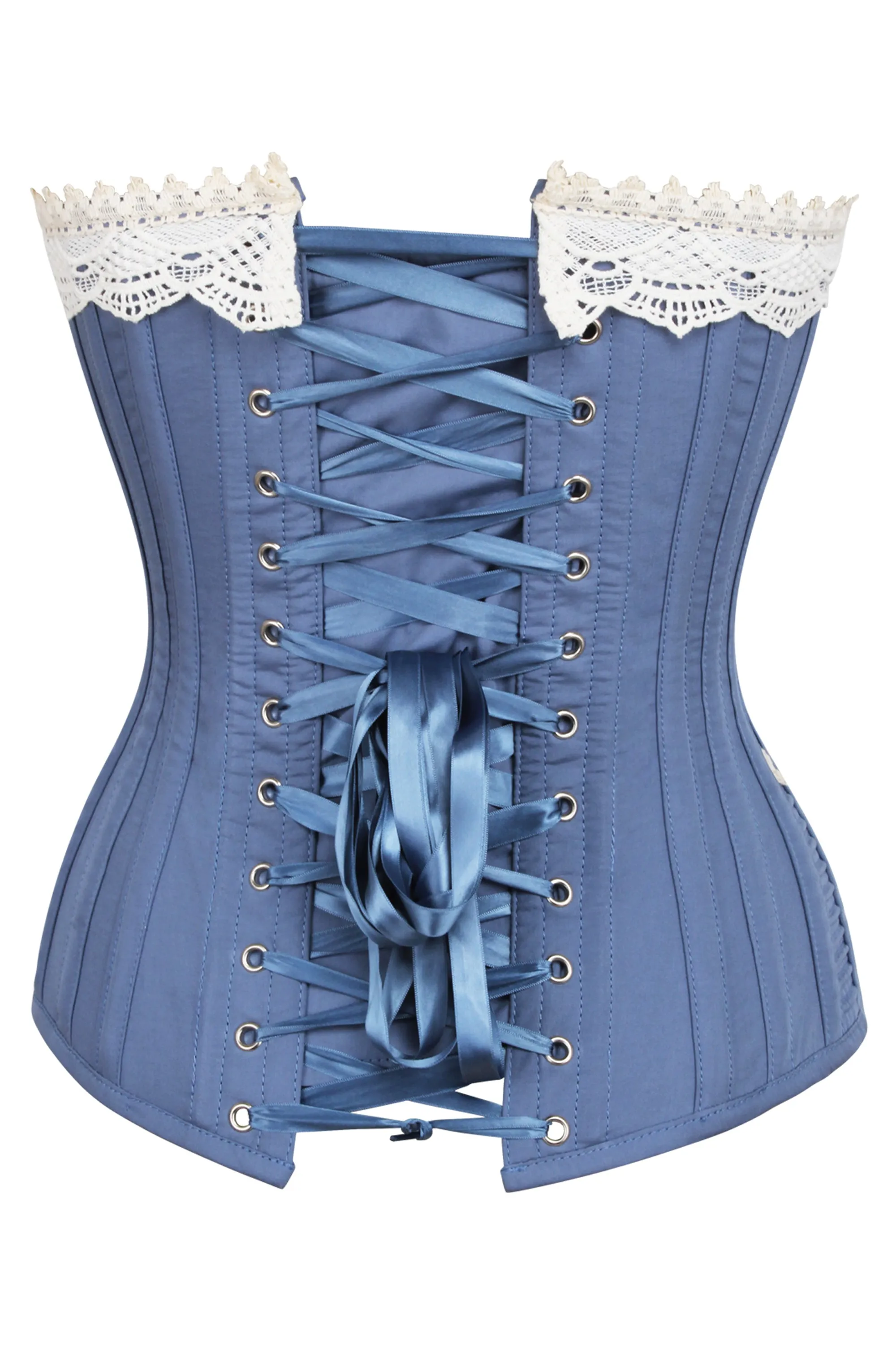 Historically Inspired Blue Longline Corset with Lace and Ribbing sold by Corset Story product image thumbnail 2