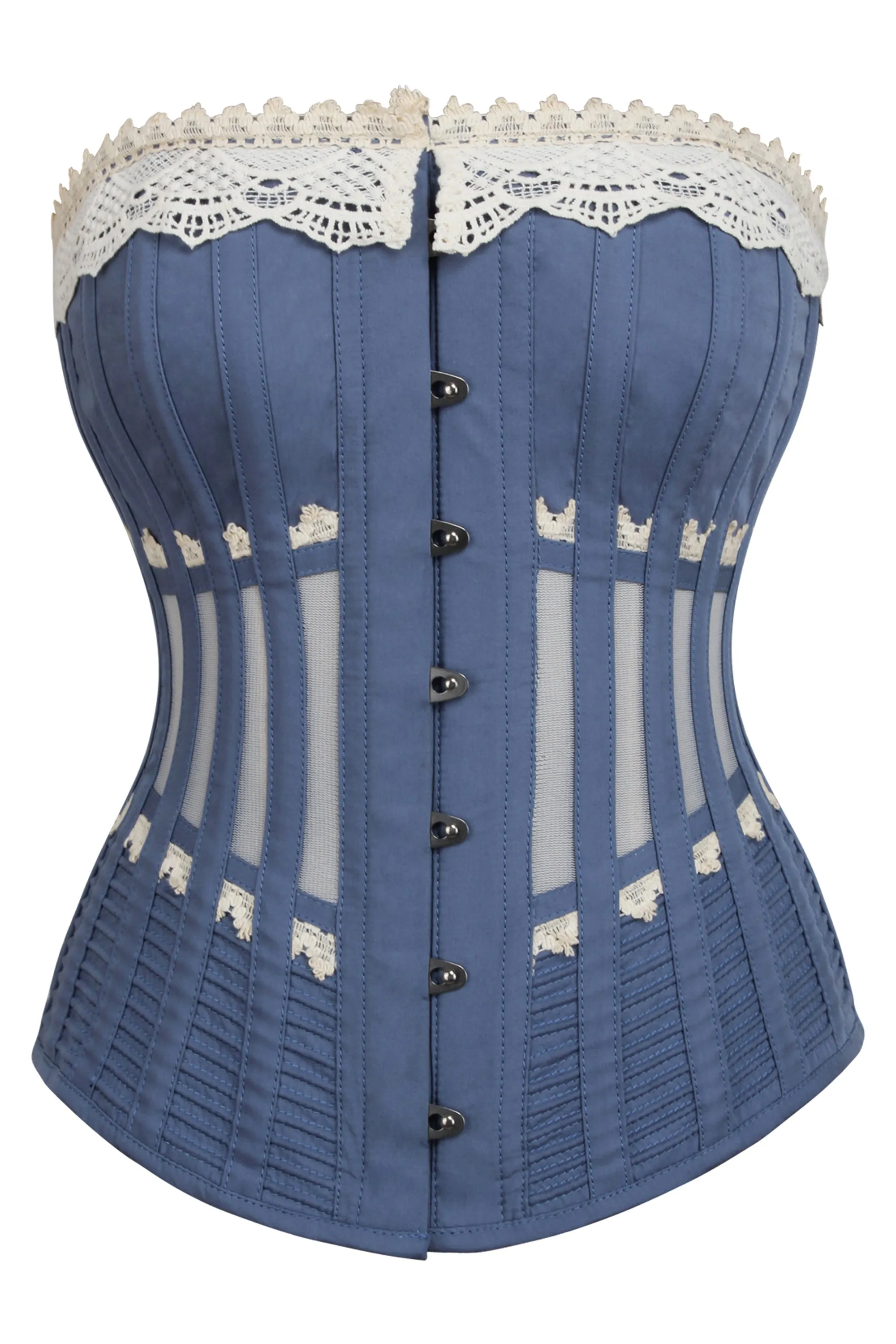 Historically Inspired Blue Longline Corset with Lace and Ribbing sold by Corset Story
