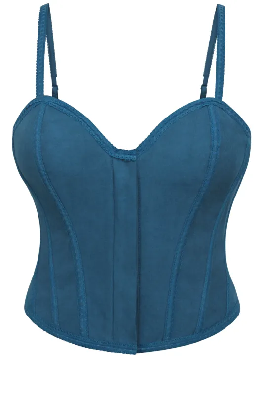 Dorothea Corsair Blue Viscose and Lace Cropped Overbust Corset with Spaghetti Straps sold by Corset Story