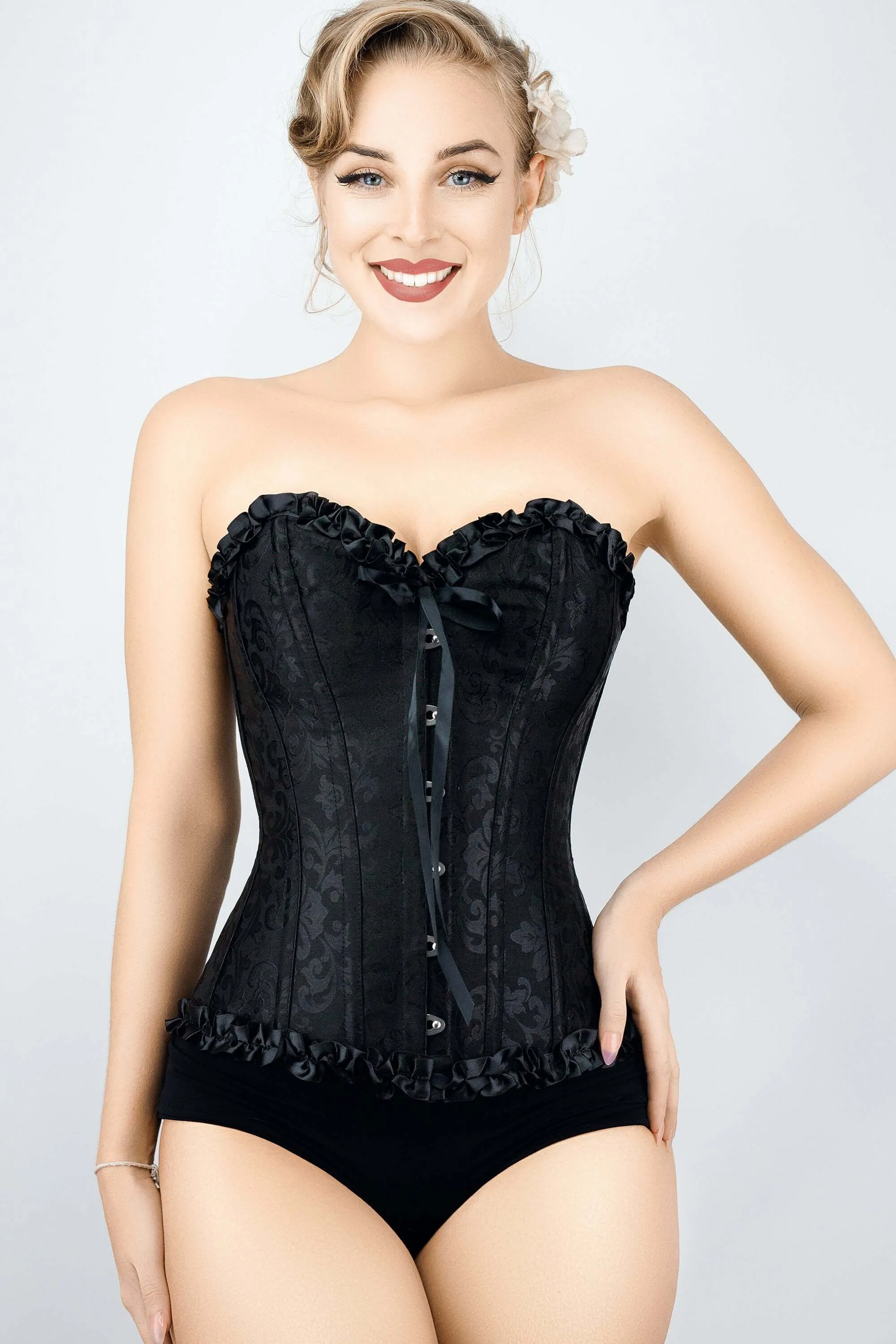 Black Brocade Sweetheart Corset With Ruffle Trim sold by Corset Story product image thumbnail 2