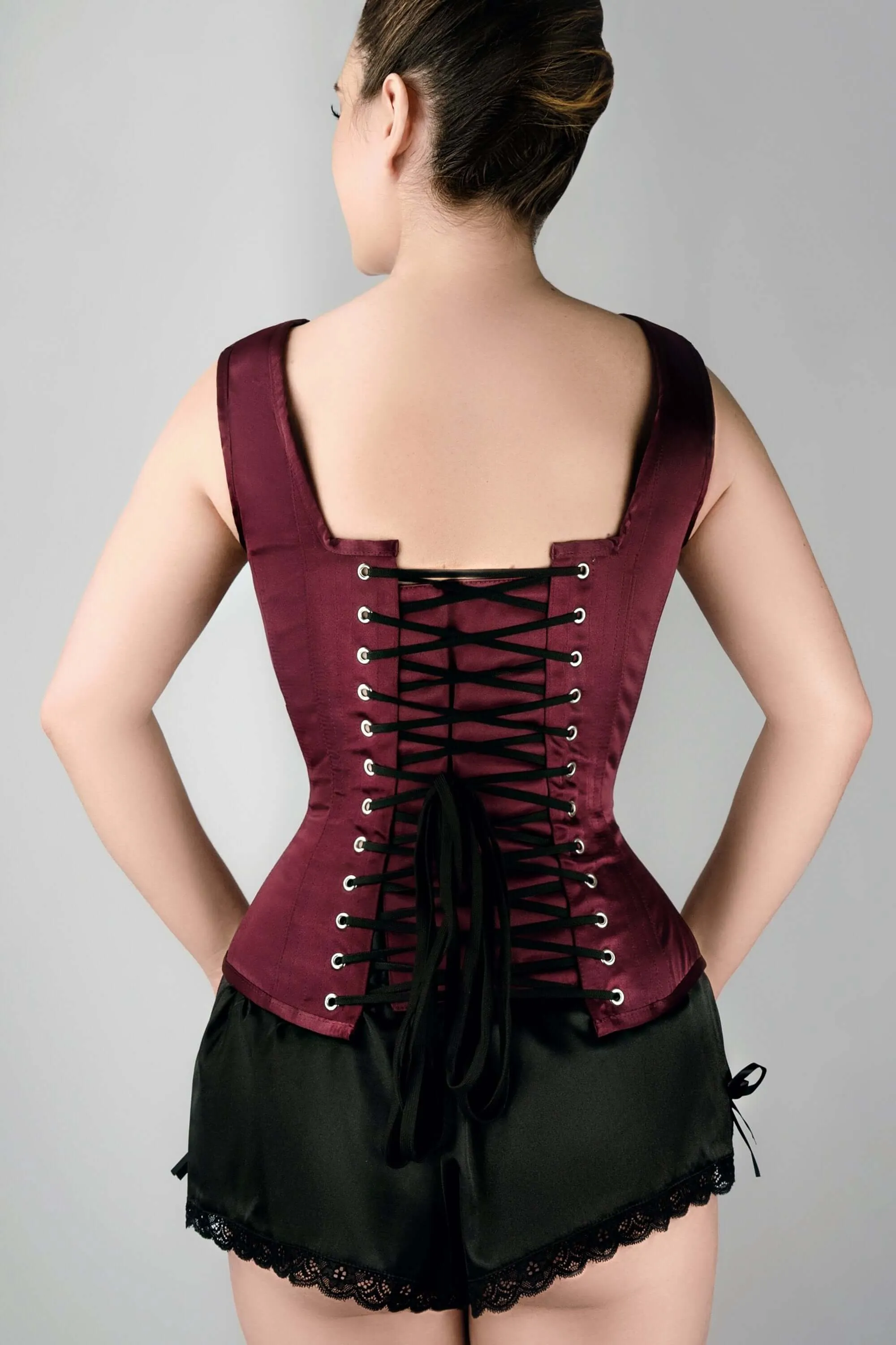 Burgundy V Neck Waist Taming Overbust With Straps sold by Corset Story product image thumbnail 4