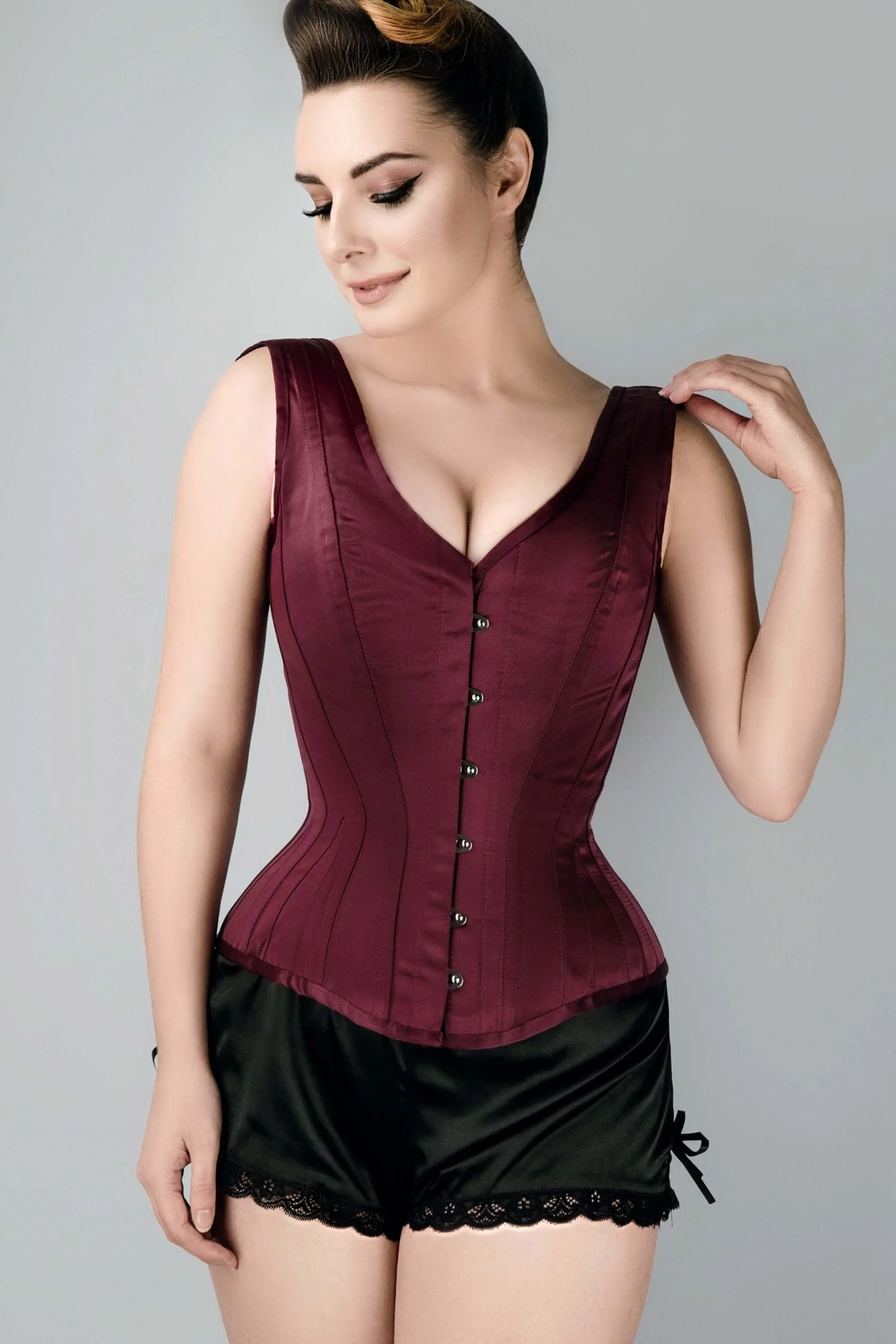Burgundy V Neck Waist Taming Overbust With Straps sold by Corset Story product image thumbnail 2