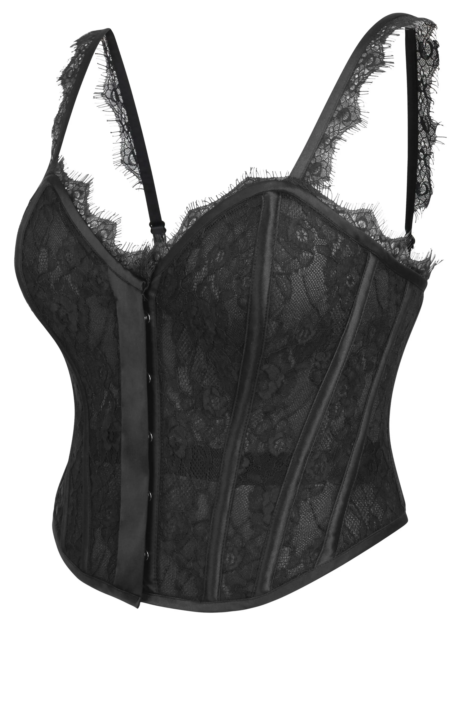 Dorothea Black Satin and Lace Cropped Overbust Corset with Spaghetti Straps sold by Corset Story product image thumbnail 3