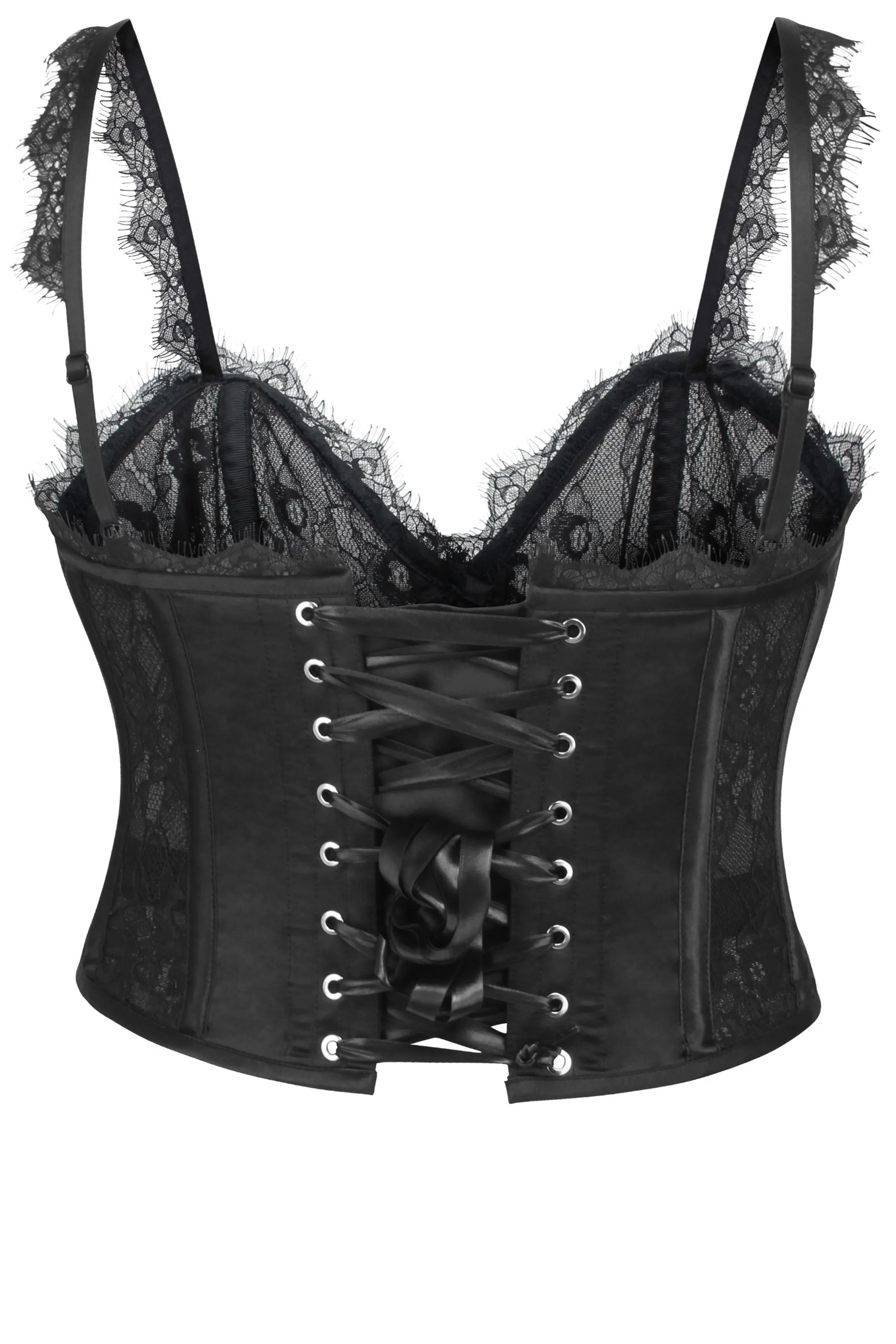Dorothea Black Satin and Lace Cropped Overbust Corset with Spaghetti Straps sold by Corset Story product image thumbnail 2