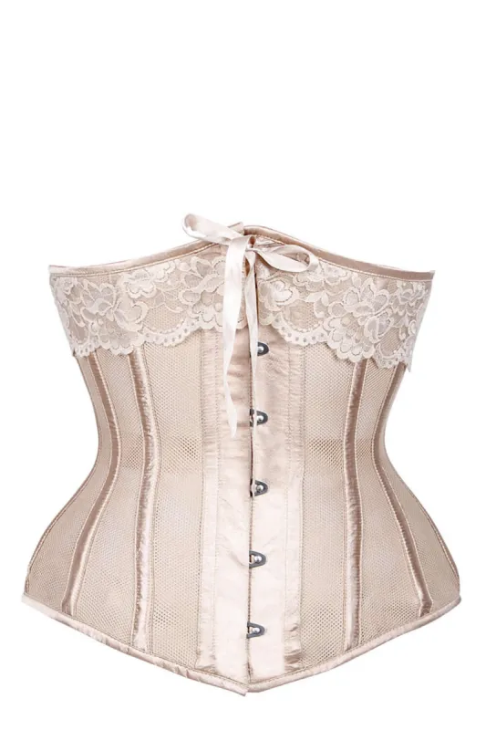 Champagne Longline Satin Bridal Corset with Super Fine Mesh Panels sold by Corset Story