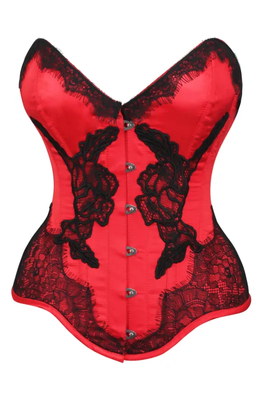 Red Satin Overbust Corset with Black Detailing sold by Corset Story
