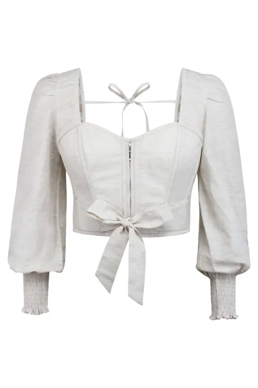 Blossom Oatmeal Linen Cropped Corset Top with Elasticated Back sold by Corset Story