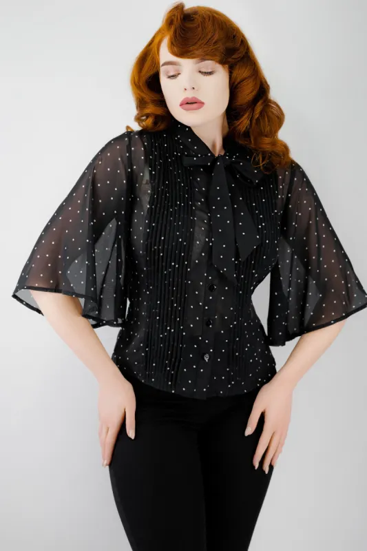 Black Pleat Polka Dot Blouse with Wide Sleeves sold by Corset Story