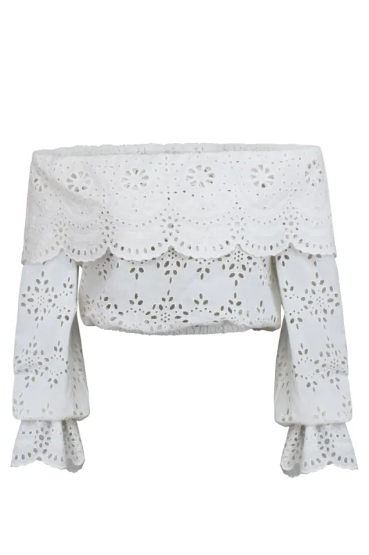 Rosalie White Broderie Anglaise Cotton Cropped Bardot Neckline Top sold by Corset Story
