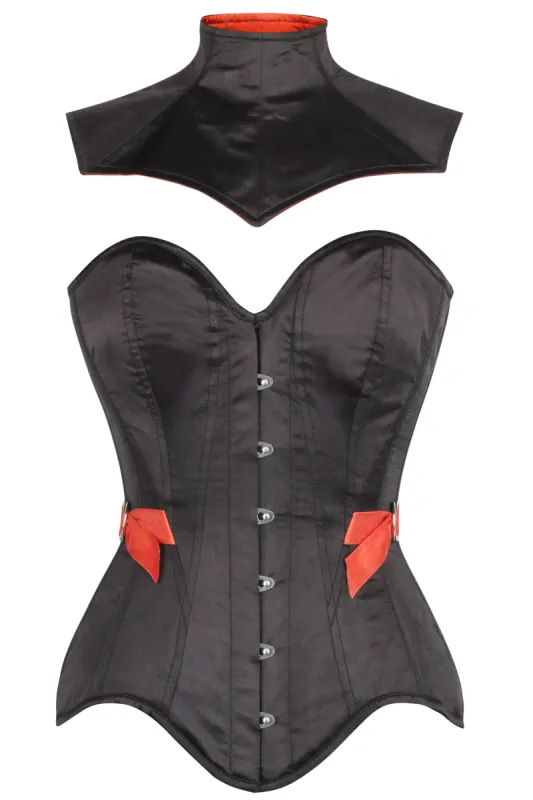 Black Satin Corset with Gothic Buckled Choker sold by Corset Story