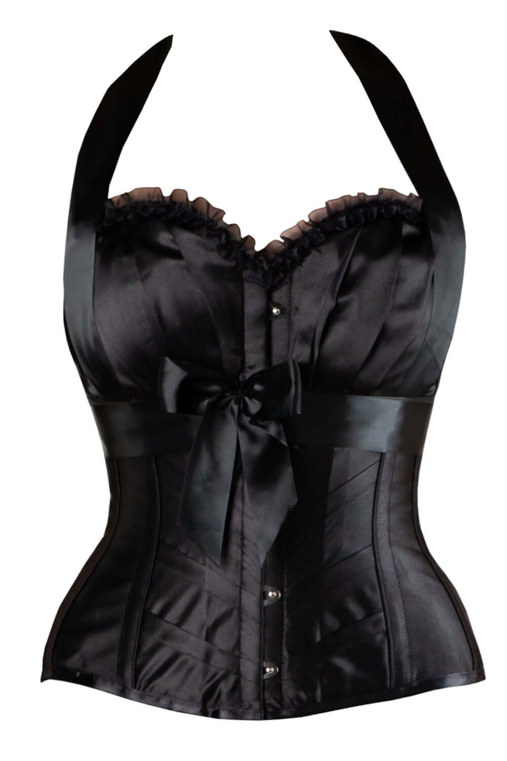 BLACK SATIN HALTERNECK OVERBUST RIBBON CORSET sold by Corset Story
